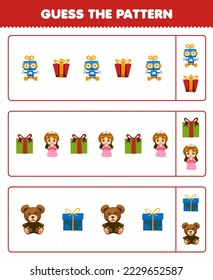 Education game for children guess the pattern each row from cute cartoon robot gift box doll teddy bear toy printable winter worksheet