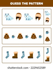 Education game for children guess the pattern each row from cute cartoon arctic fox hat jacket sock boot printable winter worksheet