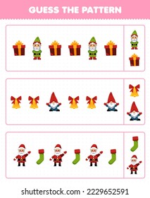 Juego de educación para niños adivinar el patrón cada fila de la caja de regalo de dibujos animados lindo gnome bell santa calcetín de invierno imprimible