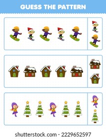Education game for children guess the pattern each row from cute cartoon kids playing ski snowboard ice skating house christmas tree printable winter worksheet