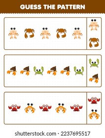 Education game for children guess the pattern each row from cute cartoon crab printable underwater worksheet