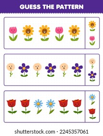 Education game for children guess the pattern each row from cute cartoon flower printable nature worksheet