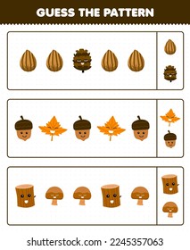 Erziehungsspiel für Kinder erraten das Muster jeder Zeile aus süßem Cartoon Samen pinecone Ahornblattholz Pilz druckbare Naturblatt