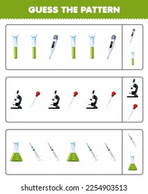Juego de educación para niños adivinen el patrón cada fila de la hoja de trabajo de herramienta de la máquina de pulverización de la jeringa del termómetro del tubo de prueba de dibujos animados lindo
