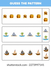 Education game for children guess the pattern each row from cute cartoon treasure chest cave island and ship printable pirate worksheet