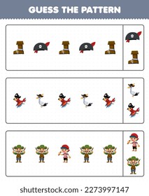 Education game for children guess the pattern each row from cute cartoon hat boot parrot seagull boy and man printable pirate worksheet