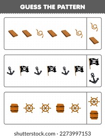 Juego de educación para niños adivinar el patrón cada fila de una tira de caricatura tierna de madera de tablero de anclaje bandera de barrel rueda de pirata imprimible hoja de cálculo