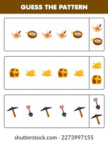 Education game for children guess the pattern each row from cute cartoon map compass treasure chest pickaxe shovel printable pirate worksheet