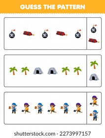 Juego de educación para niños adivinen el patrón de cada fila de una linda caricatura bomba dinamita árbol caverna anciano y niño hoja de cálculo pirata imprimible