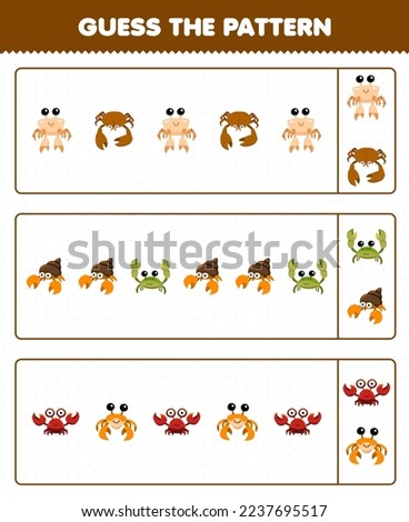 Education game for children guess the pattern each row from cute cartoon crab printable underwater worksheet