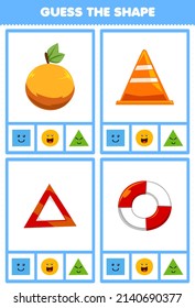 Education game for children guess the shape geometric figures and objects circle orange lifebuoy triangle emergency sign traffic cone worksheet