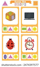 Education game for children guess the shape geometric figures and objects worksheet oval circle triangle rectangle square Shapes study page. Preschool or kindergarten worksheet with different objects