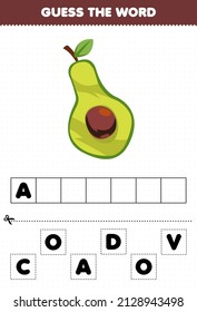 Erziehungsspiel für Kinder erraten Sie das Wort Buchstaben, die süße Fruchtavocado praktizieren