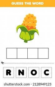 Education game for children guess the word letters practicing cute vegetable corn