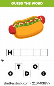 Education game for children guess the word letters practicing cartoon food hotdog