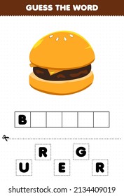 Education game for children guess the word letters practicing cartoon food burger