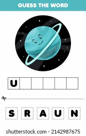 Education game for children guess the word letters practicing cute cartoon solar system object uranus planet