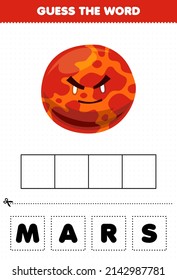 Education game for children guess the word letters practicing cute cartoon solar system object mars planet