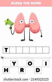 Education game for children guess the word letters practicing cute cartoon internal organ thyroid