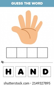 Education game for children guess the word letters practicing cute cartoon human anatomy hand