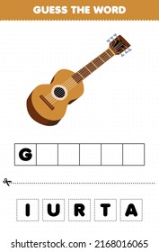 Education Game For Children Guess The Word Letters Practicing Cartoon Music Instrument Guitar Printable Worksheet