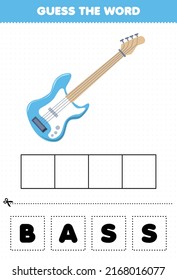 Education Game For Children Guess The Word Letters Practicing Cartoon Music Instrument Bass Printable Worksheet