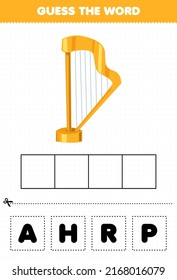 Education Game For Children Guess The Word Letters Practicing Cartoon Music Instrument Harp Printable Worksheet