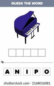 Education Game For Children Guess The Word Letters Practicing Cartoon Music Instrument Piano Printable Worksheet