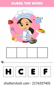 Education game for children guess the word letters practicing of cute cartoon chef profession printable worksheet