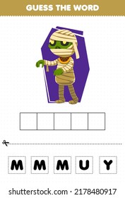 Education game for children guess the word letters practicing of cute cartoon mummy halloween printable worksheet