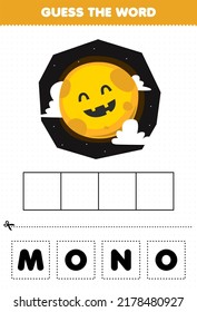 Education game for children guess the word letters practicing of cute cartoon full moon halloween printable worksheet