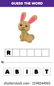 Education game for children guess the word letters practicing of cute cartoon rabbit printable farm worksheet