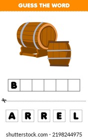 Education game for children guess the word letters practicing of cute cartoon barrel printable farm worksheet