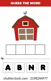 Education game for children guess the word letters practicing of cute cartoon barn printable farm worksheet