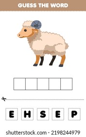 Education game for children guess the word letters practicing of cute cartoon sheep printable farm worksheet