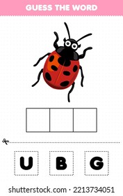 Education game for children guess the word letters practicing of cute cartoon ladybug printable bug worksheet
