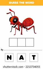 Education game for children guess the word letters practicing of cute cartoon ant printable bug worksheet