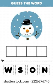 Education game for children guess the word letters practicing of cute cartoon snowman printable winter worksheet