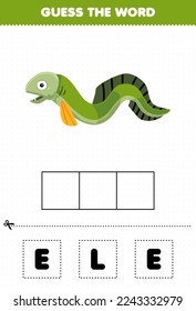 Education game for children guess the word letters practicing of cute cartoon eel printable underwater worksheet