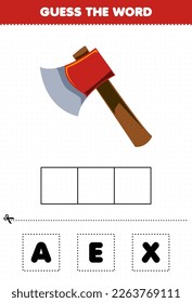 Education game for children guess the word letters practicing of cute cartoon axe printable tool worksheet