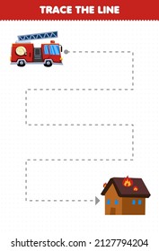 Education game for children handwriting practice trace the lines help transportation firetruck move to fire house