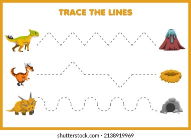 Education game for children handwriting practice trace the lines move cute cartoon prehistoric yellow dinosaur