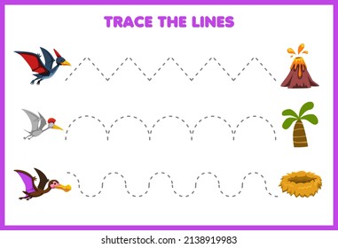 Education game for children handwriting practice trace the lines move cute cartoon prehistoric flying dinosaur