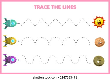 Education game for children handwriting practice trace the lines move cute cartoon solar system rocket sun planet