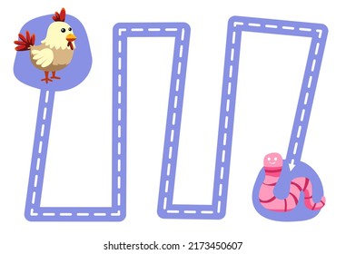 Education game for children handwriting practice trace the lines move cute cartoon animal chicken to worm printable worksheet