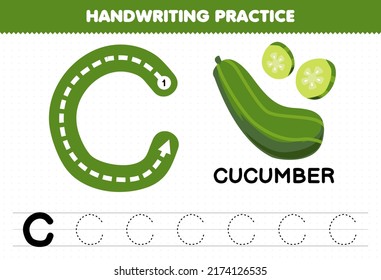 Education game for children handwriting practice with uppercase letters C for cucumber printable worksheet