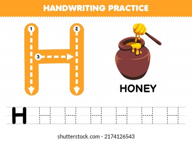 Education game for children handwriting practice with uppercase letters H for honey printable worksheet