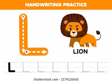 Education game for children handwriting practice with uppercase letters L for lion printable worksheet