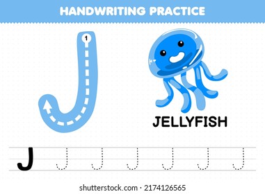 Education game for children handwriting practice with uppercase letters J for jellyfish printable worksheet