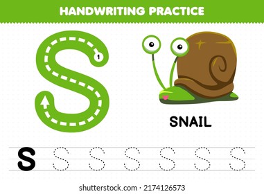 Education game for children handwriting practice with uppercase letters S for snail printable worksheet